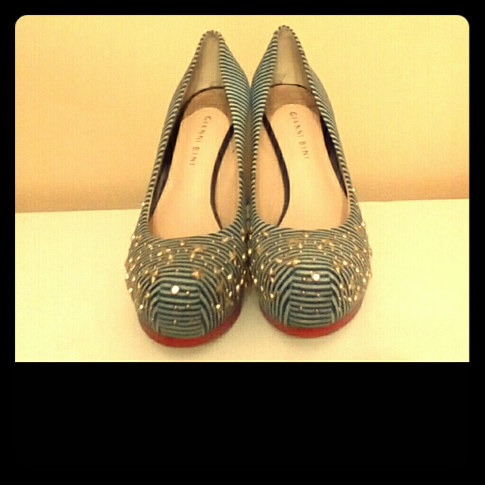 Denim Blue Stripe Heels w Gold stars/Rhinestones